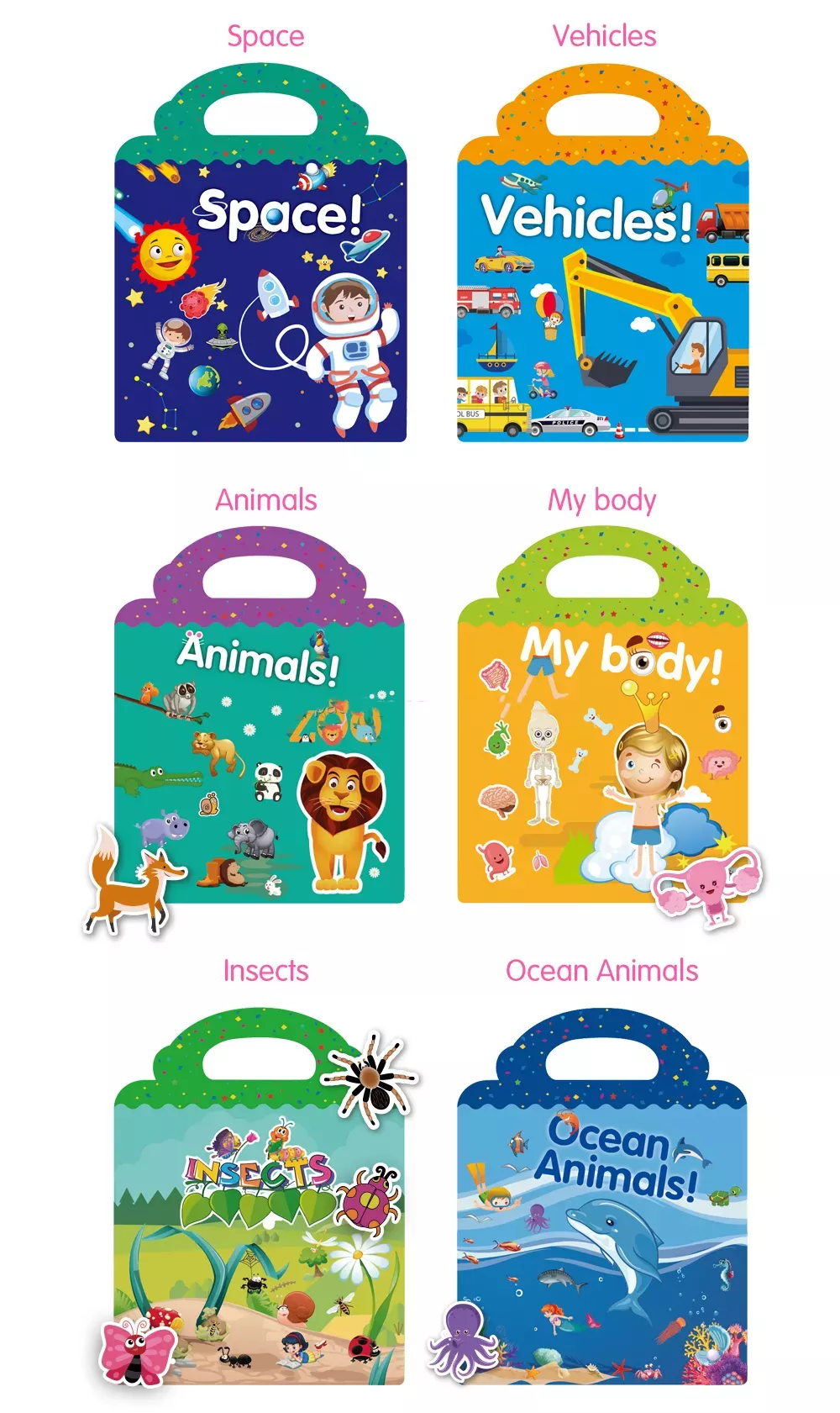 Reusable Sticker Book for Kids (Farm, Ocean Animals, Insects, Body